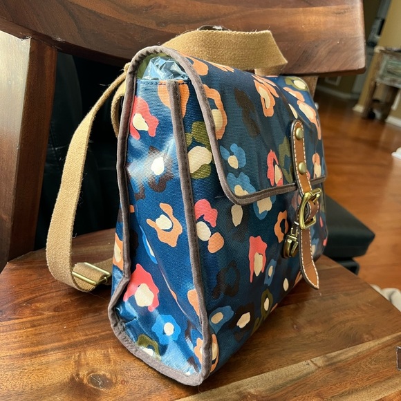 Fossil Navy Blue Floral Print Coated Canvas Crossbody Laptop Tote Bag - Picture 16 of 16